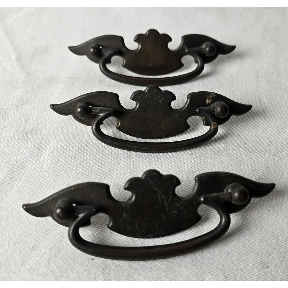 3 Vintage Flat Long Winged/Batwing Style Drawer Pulls‎ Handles Brass